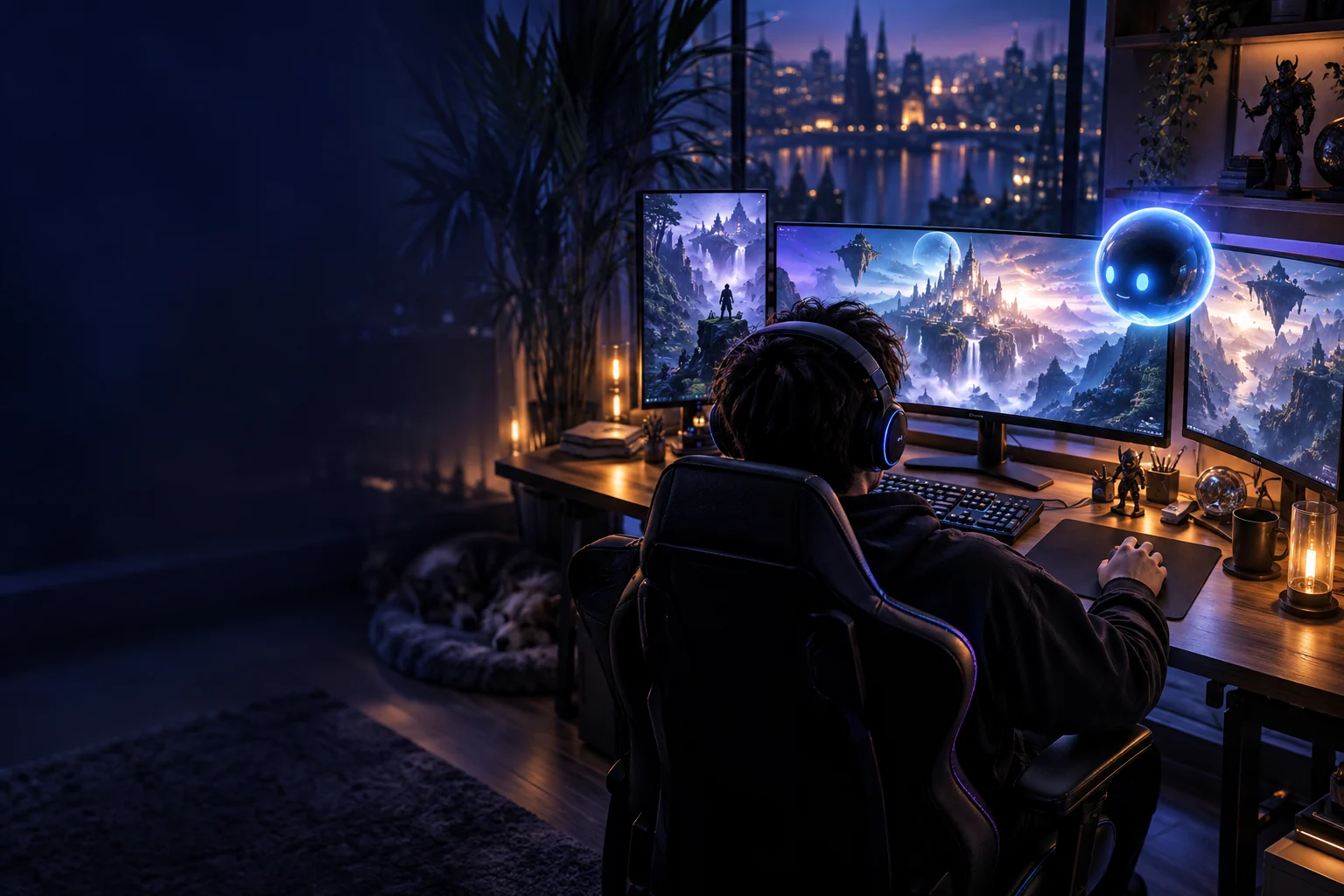 Illustrated gamer desk with a luminous companion orb