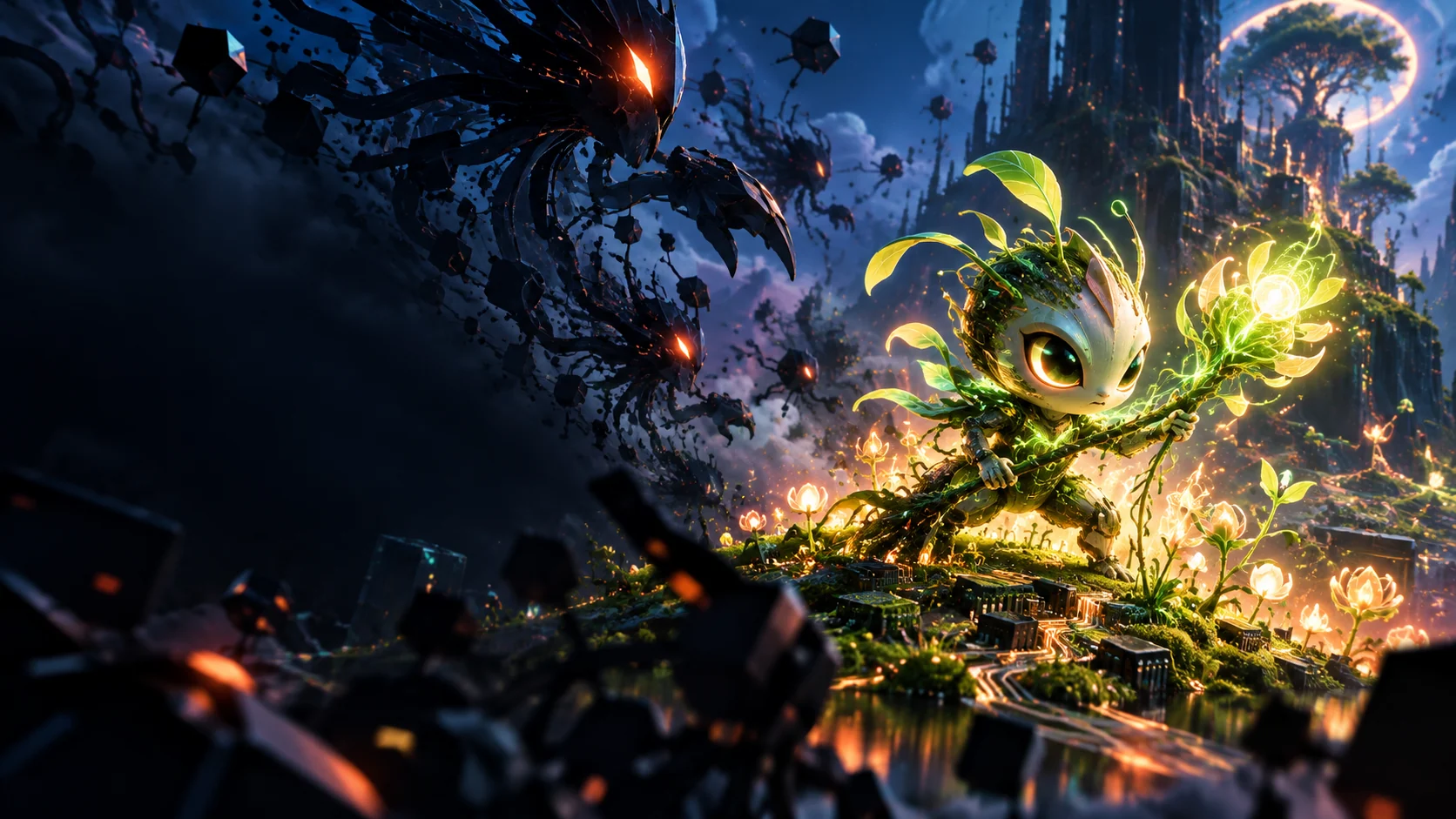 Illustrated luminous creature protecting a digital garden