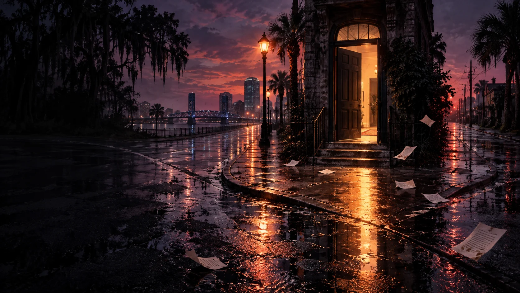 Illustrated open doorway on a rain-soaked Jacksonville street